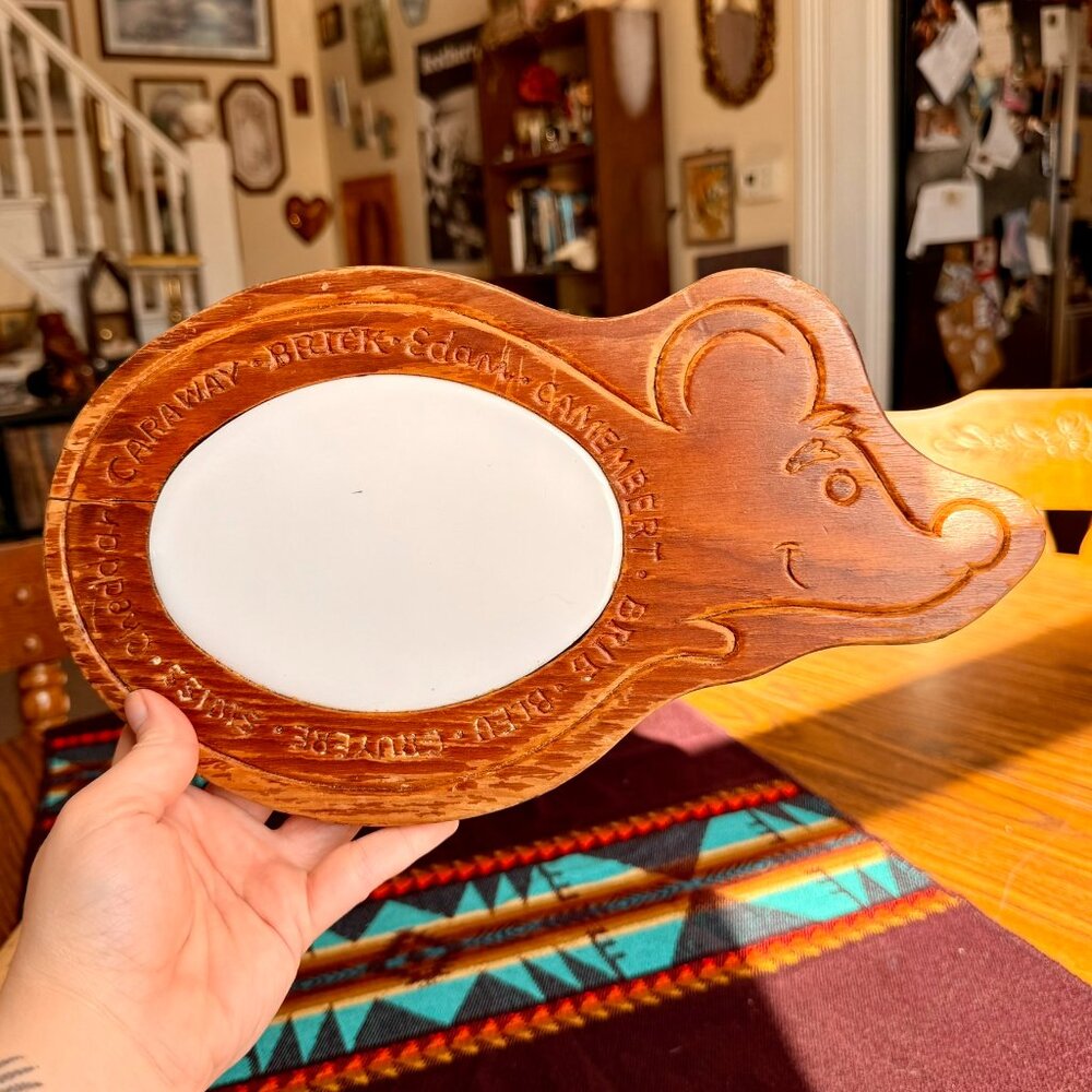 Vintage Wood and Ceramic Carve Mouse Cheese Plate